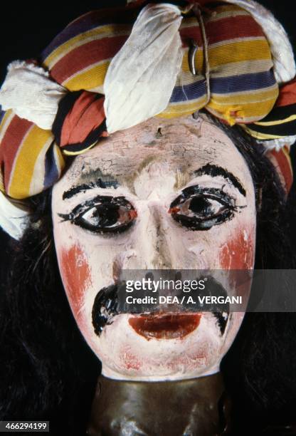 Face of a puppet from the Opera dei Pupi , Acireale handicrafts, Sicily, Italy. Detail.