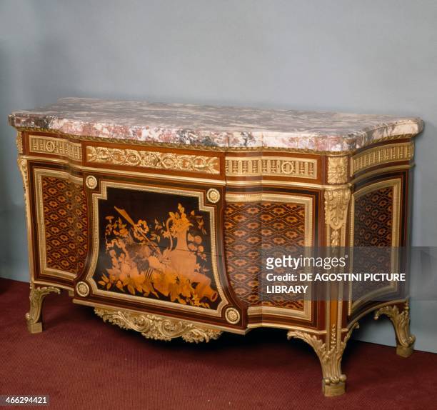 Transitional Louis XV-XVI style Second Empire commode with rosewood, satinwood, amaranth and painted wood inlays, stamped by Lexcellent. France,...