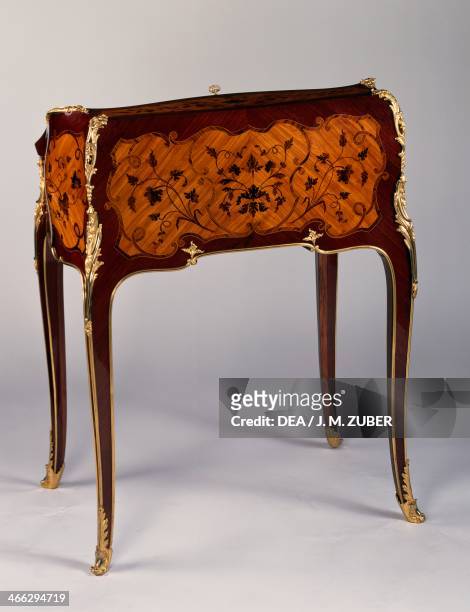 Louis XV style Second Empire satinwood drop leaf desk with kingwood inlays depicting flowers on a tulipwood background, stamped by J Zwiener, retro....