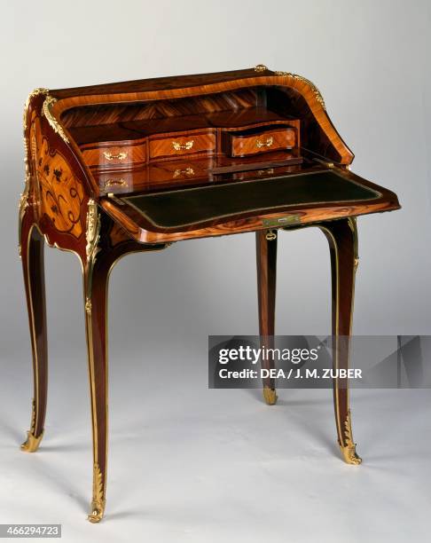 Louis XV style Second Empire satinwood drop leaf desk with kingwood inlays depicting flowers on a tulipwood background, stamped by J Zwiener, open....