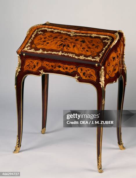 Louis XV style Second Empire satinwood drop leaf desk with kingwood inlays depicting flowers on a tulipwood background, stamped by J Zwiener, open....