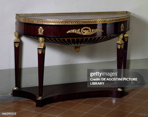 Empire style mahogany console table with chiselled and gilt caryatids and railing, ca 1810, possibly by Giovanni Socci , belonged to Elisa Bonaparte...