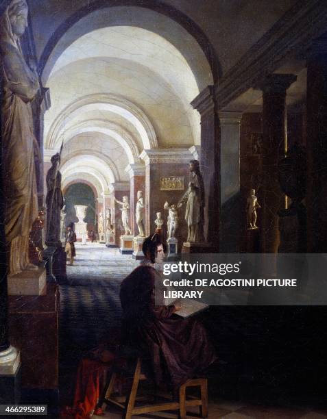 View of the hall of antiquities in The Louvre Dromart painting, oil on canvas, 59x69 cm.