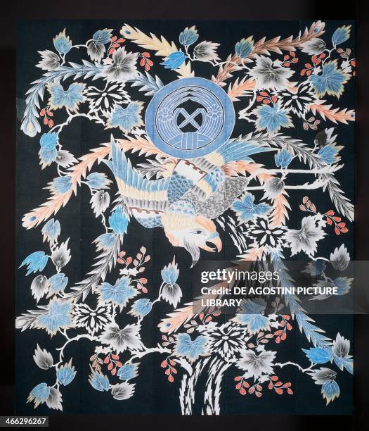 Futonji bedspread with motifs of phoenix, paulownia and daffodils, cotton, dye with indigo, pigment and ink, 178x152 cm. Japanese civilisation,...