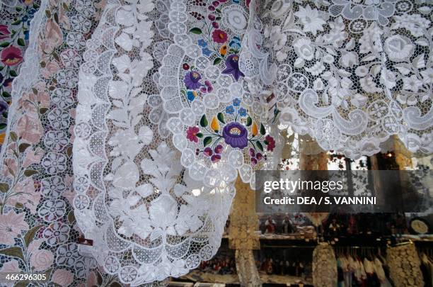 Handcrafted embroidery, Central Market Hall in Pest, Budapest, Hungary.