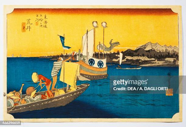 The town of Arai along the Tokaido Road ukiyo-e art print by Utagawa Hiroshige from The 53 Stations of the Tokaido Road, Chu-tanzaku woodcut, 24x37...