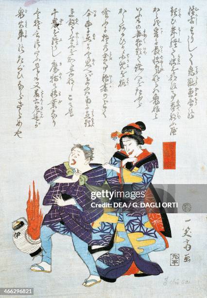 Japanese merchant catching a thief, 19th century, ukiyo-e art print with satirical poem, from the Kabuki theatre series, woodcut. Japanese...