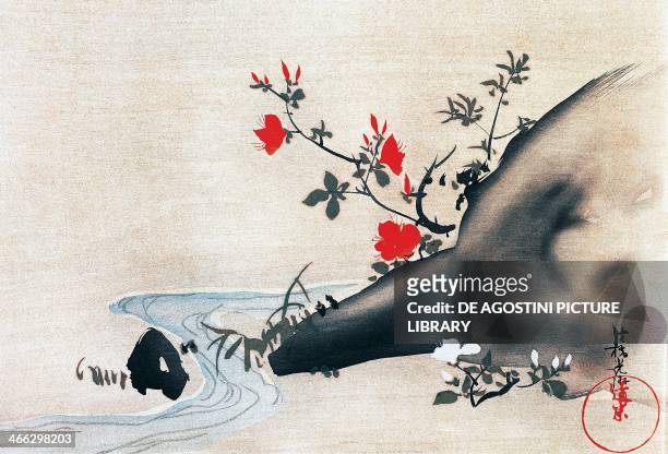 Azaleas and stream, kakemonos painted on silk by Korin Ogata , Edo Period , Japan, 17th and 18th century.