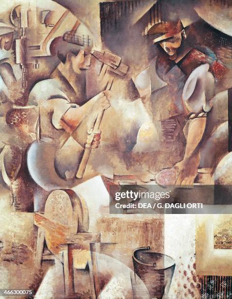 Blacksmiths at work, detail from La Forge painting by Wladimir Baranoff Rossine , oil on canvas, 172x210 cm, oil on canvas.