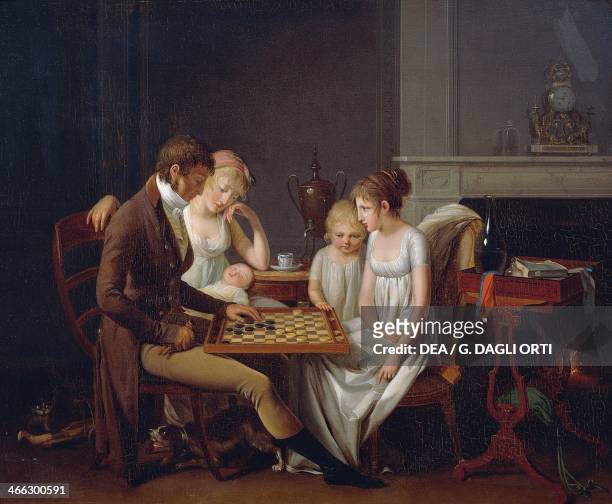 Painting of a family game of checkers, ca 1803, by Louis Leopold Boilly , oil on canvas. France, 19th century.