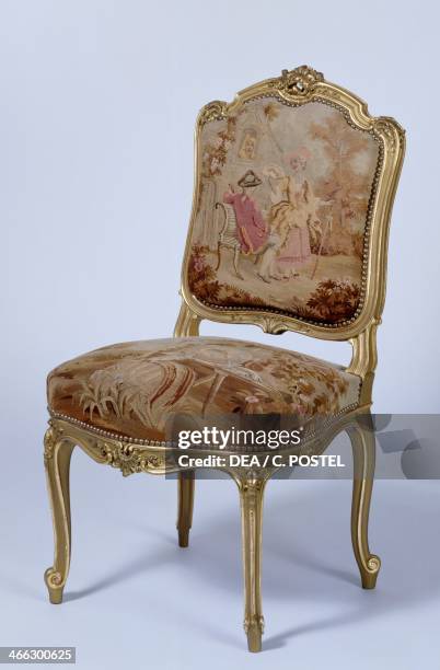 Louis XVI style Second Empire gilt wood Queen Anne chair with d'Aubusson upholstery copy. France, 19th century.