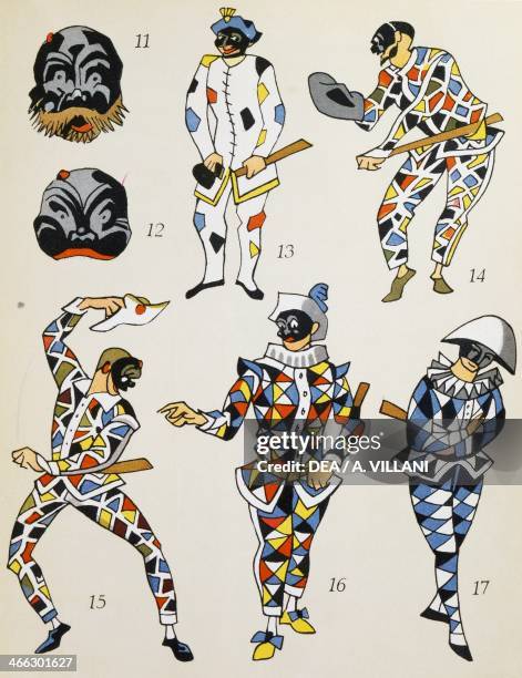 Different masks and costumes for the character of Harlequin, Commedia dell'arte character.