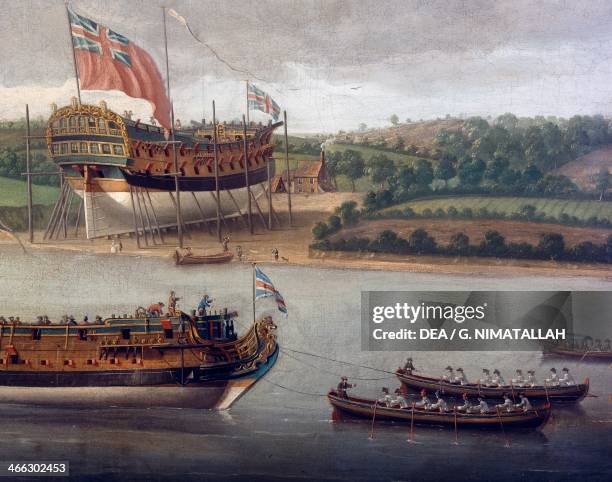 Launch of a Fourth-Rate on the River Orwell, at Ipswich, ca 1748, by John Cleveley Senior , oil on canvas 9x254,6 cm. Detail. England, 18th century.
