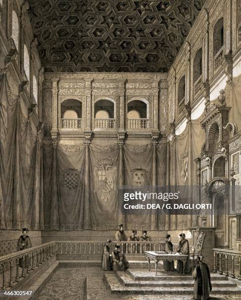 Ceremonial hall in the University of Alcala de Henares, engraving. Spain, 19th century.