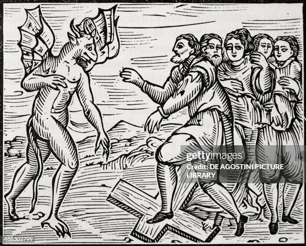 The Devil making peope trample on the Cross, engraving from the Compendium Maleficarum, by Francesco Maria Guazzo, 1626. Italy, 17th century.
