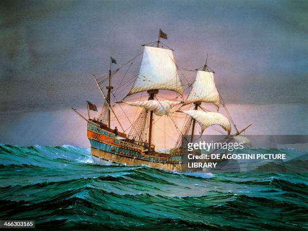 Francis Drake sailed his ship Golden Hind into history by Cornelis de Vries, watercolour. 16th century.