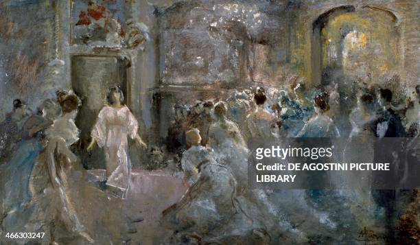 Entrance to the ballroom dance, painting by Pompeo Mariani , oil.