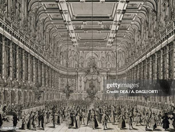 Interior of the hall of the Riding School of Vienna. Engraving. Austria, 19th century.