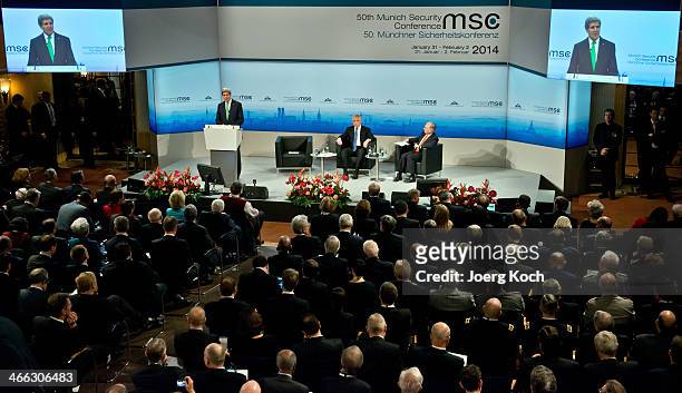 Secretary of State John Kerry speaks during the 50th Munich Security Conference as US Secretary of Defense Chuck Hagel and Wolfgang Ischinger,...