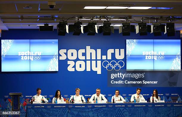 Australian chef de mission Ian Chesterman speaks to the media with skiers Matt Graham, Nicole Parks, Brodie Summers, Britteny Cox, Sam Hall and...