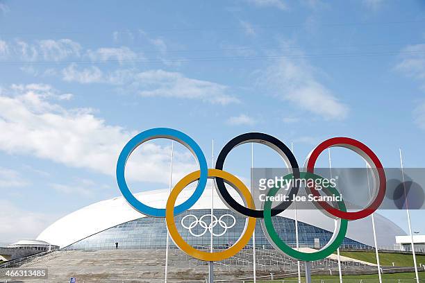 General view of the Olympic Rings in front of the Bolshoy Ice Dome prior to the Sochi 2014 Winter Olympics in the Olympic Park Coastal Cluster on...