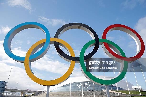 General view of the Olympic Rings in front of the Bolshoy Ice Dome prior to the Sochi 2014 Winter Olympics in the Olympic Park Coastal Cluster on...