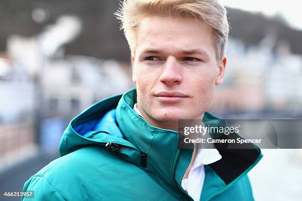 Australian mogul skier Brodie Summers poses for a portrait following an Australian Olympic team mogul skiers press conference in Rosa Khutor Mountain...