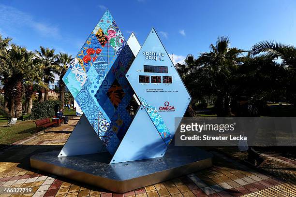 An Omega clock counts down until the opening of the Sochi 2014 Winter Paralympics in downtown Sochi on February 1, 2014 in Sochi, Russia.