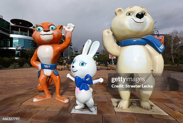 Statues of Olympic mascots are seen on display in downtown Sochi prior to the Sochi 2014 Winter Olympics on February 1, 2014 in Sochi, Russia.