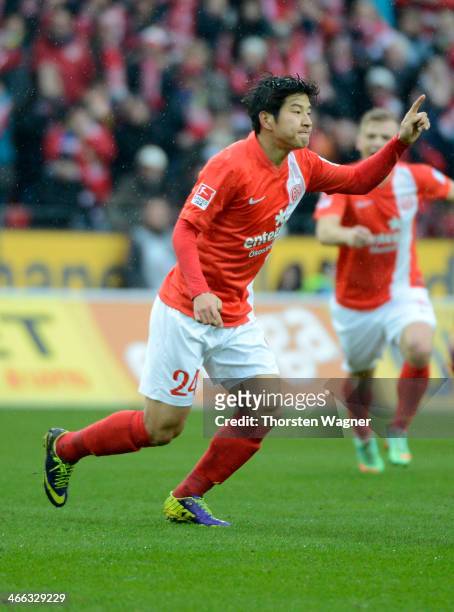 Joo-Ho Park of Mainz celebrates after scoring his teams opening goal during the Bundesliga match between FSV Mainz 05 and SC Freiburg at Coface Arena...