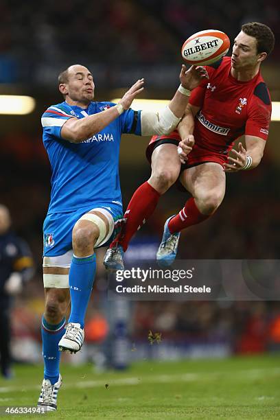 George North of Wales challenges for a high ball alongside Sergio Parisse of Italy during the RBS Six Nations match between Wales and Italy at the...