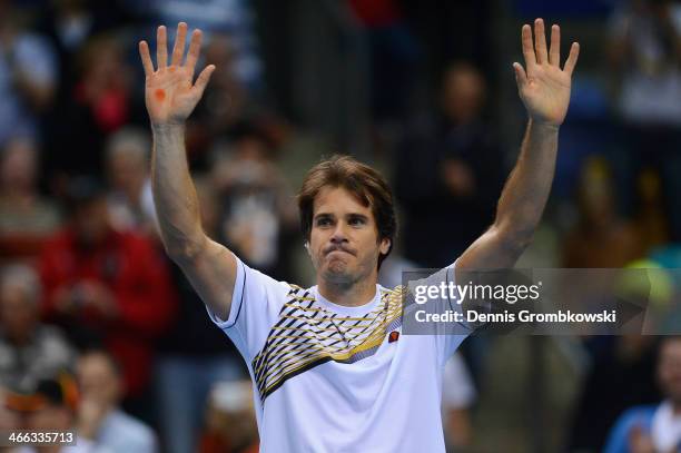 Tommy Haas of Germany celebrates after his Double match with Philipp Kohlschreiber against Fernando Verdasco and David Marrero of Spain on Day 2 of...