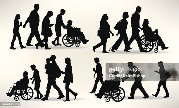 families with senior member in wheelchair - aging - paralysis stock illustrations