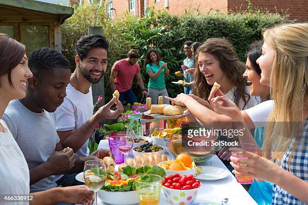 group of friends having a barbecue - people diversity friends multi ethnic smiling indian ethnicity stock pictures, royalty-free photos & images