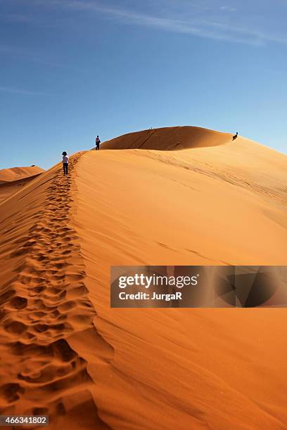 people climbing red sand dunes at sossusvlei, namibia - sossusvlei 個照片及圖片檔