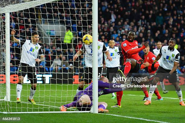 Kenwyne Jones of Cardiff City beats goalkeeper John Ruddy of Norwich City to score their second goal during the Barclays Premier League match between...