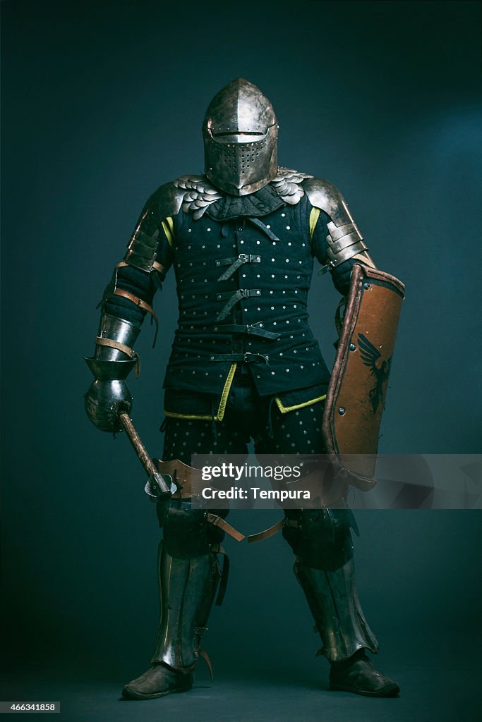 Medieval knight dressed for Medieval combat fight sport.