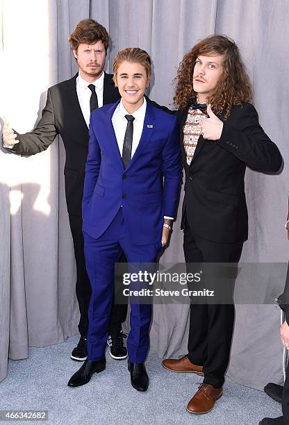 Actor Anders Holm, honoree Justin Bieber and actor Blake Anderson attend The Comedy Central Roast of Justin Bieber at Sony Pictures Studios on March...