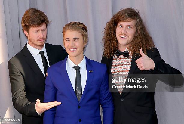 Actor Anders Holm, Justin Bieber and Blake Anderson attend The Comedy Central Roast of Justin Bieber at Sony Pictures Studios on March 14, 2015 in...