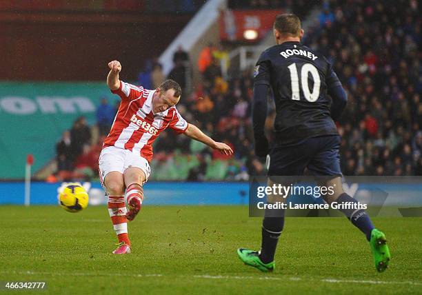 Charlie Adam of Stoke City scores his second goal during the Barclays Premier League match between Stoke City and Manchester United at Britannia...