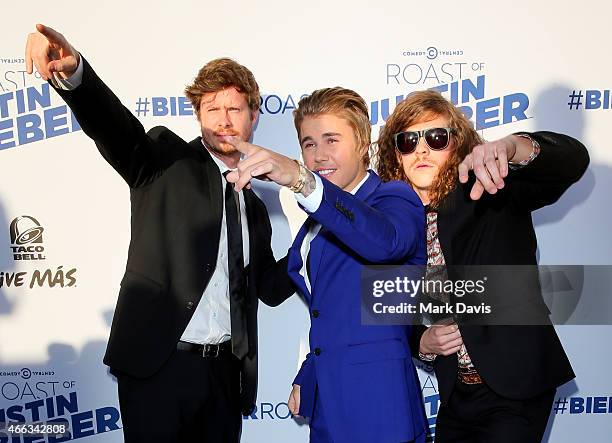 Actor Anders Holm, Justin Bieber and Blake Anderson attend The Comedy Central Roast of Justin Bieber at Sony Pictures Studios on March 14, 2015 in...