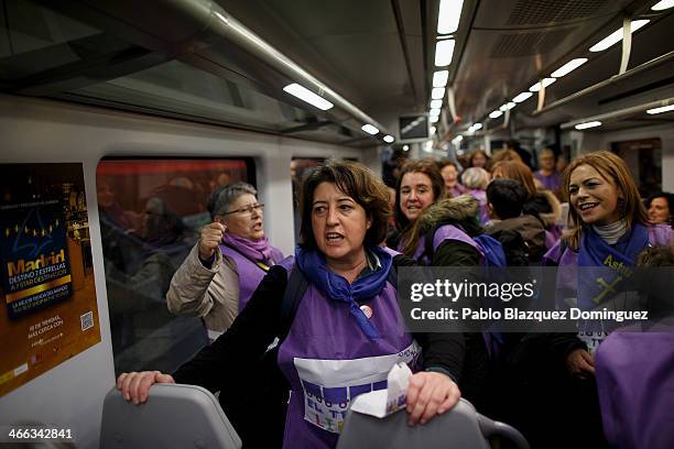 Protesters traveling on the 'Freedom Train' shout slogans in a train on February 1, 2014 in Madrid, Spain. Pro-choice groups organized the 'Freedom...