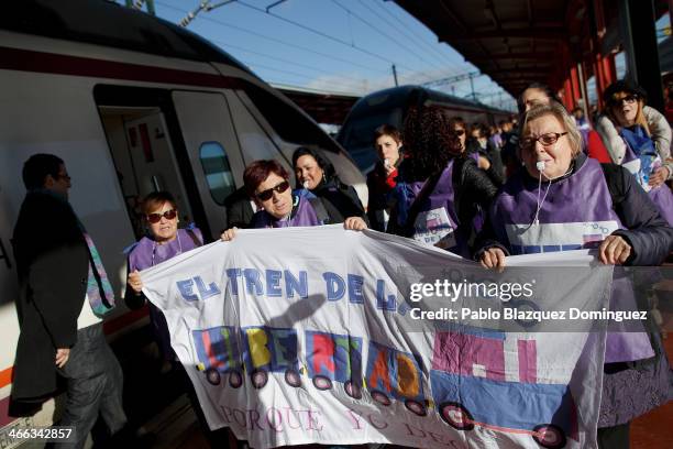Protesters traveling on the 'Freedom Train' hold a banner reading 'El tren de la libertad' as they arrive to Chamartin Station on February 1, 2014 in...