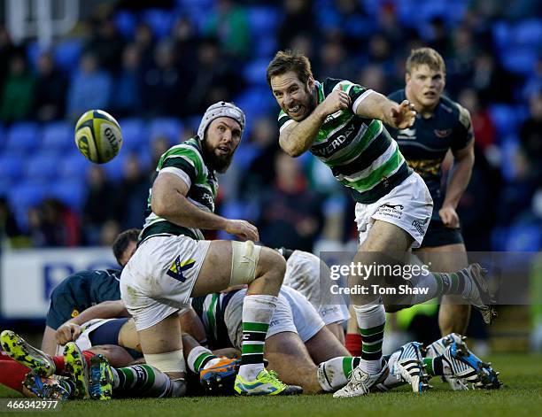 Tomas O'Leary of London Irish passes the ball during the LV= Cup Match between London Irish and Scarlets at the Madejski Stadium on February 1, 2014...