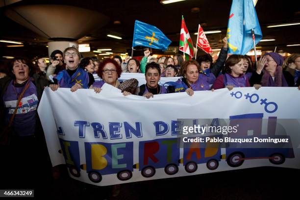 Protester traveling on the 'Freedom Train' shout slogans and hold a banner reading 'Tren de la Libertad' as they arrive to Atocha Station on February...