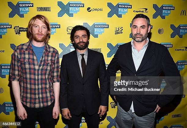 Actor Domhnall Gleeson, actor Oscar Isaac and director Alex Garland arrive at the premiere of "Ex Machina" during the 2015 SXSW Music, FIlm +...
