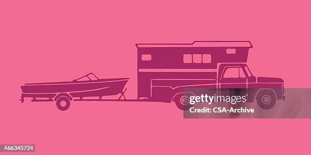 camper abschleppen boot - felsmalerei stock-grafiken, -clipart, -cartoons und -symbole