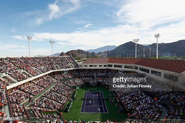 General view of Roger Federer of Switzerland and Michael Lammer of Switzerland in their doubles match against Nenad Zimonjic and Marcin Matkowski of...