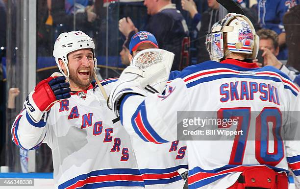 Tanner Glass and Mackenzie Skapski of the New York Rangers celebrate their 2-0 victory against the Buffalo Sabres on March 14, 2015 at the First...