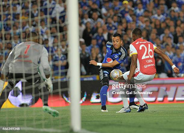 Jonathan Agudelo of Millonarios struggles for the ball with Yerry Mina of Santa Fe during a match between Millonarios and Santa Fe as part of 10th...